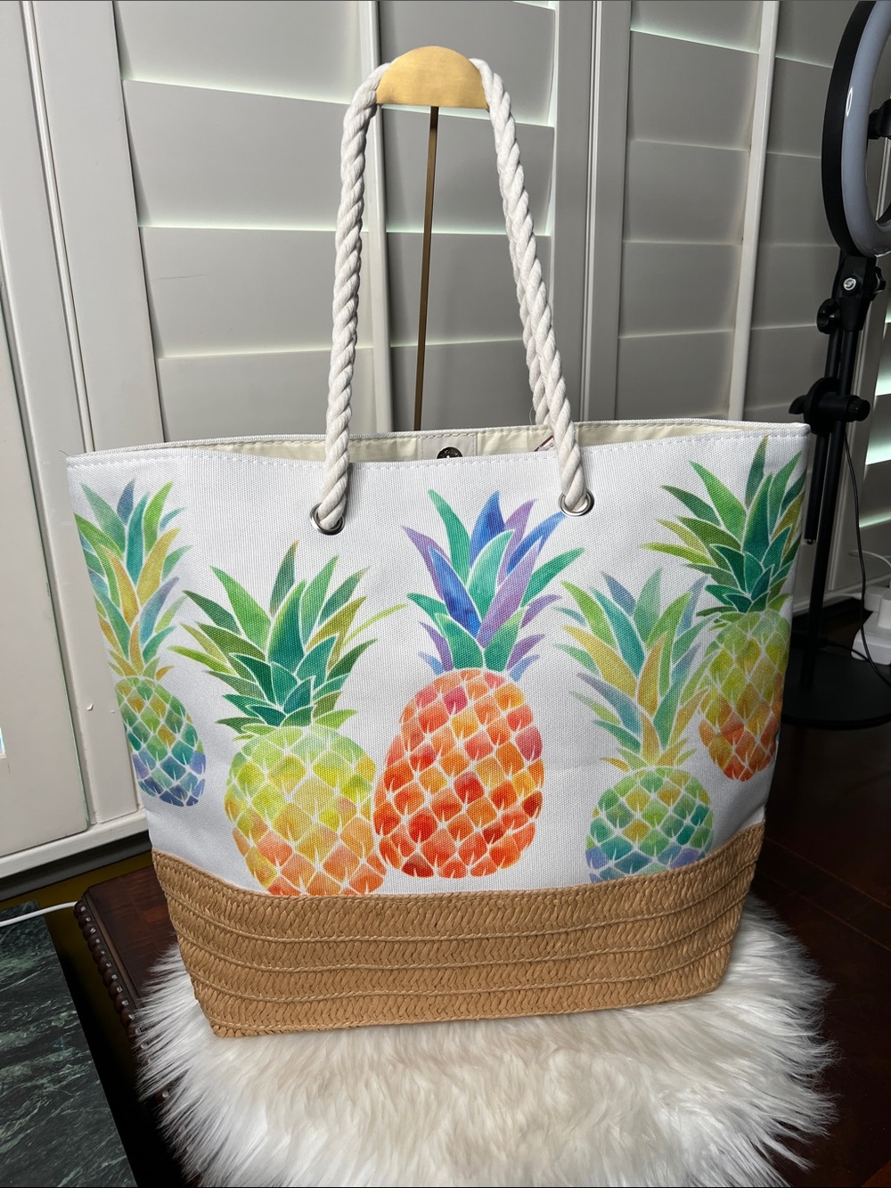 Island Hawaii Tropical Straw & Canvas Pineapple Print Tote Bag with Rope Handle - Picture 3 of 16